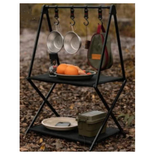 Expedition camp fire cookware shelf